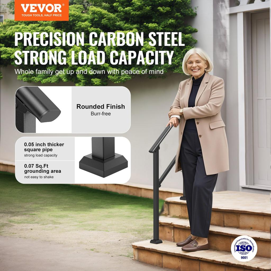 VEVOR Handrails for Outdoor Steps, 2-3 Step Stair Hand Rail Kit, Transitional Carbon Steel Railings with Installation Kit, Stair Rails for Seniors