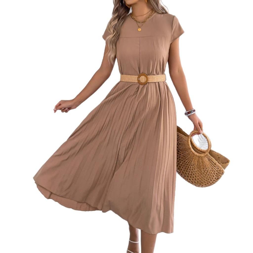 Euro Street Style Short Sleeve Pleated Dress With Pockets For Casual Daily Wear