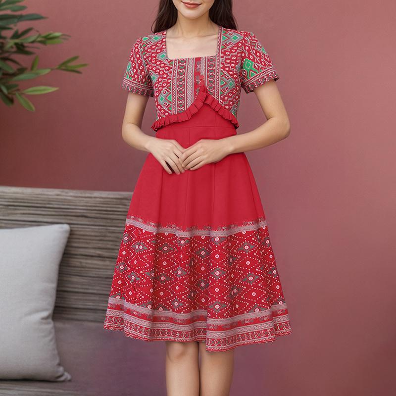 ZANZEA Women Casual Square Collar Short Sleeve Retro Print A-Line Dress