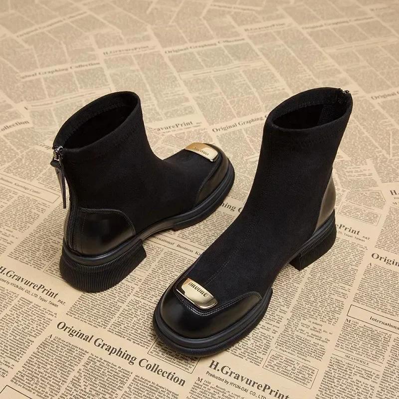 Women's Fashion Boots Round Toe Mid Heel Spring/autumn Ankle Ladies Shoes Solid Sewing Concise Women Boots Metallic Sequins 2025