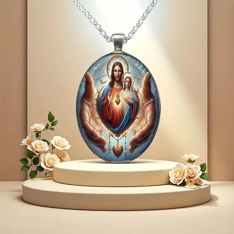 Jesus And Virgin Mary Christian Faith Peace Pendant Necklace, Featuring A Time Gem Glass Pendant, Suitable For Both Men And Women.