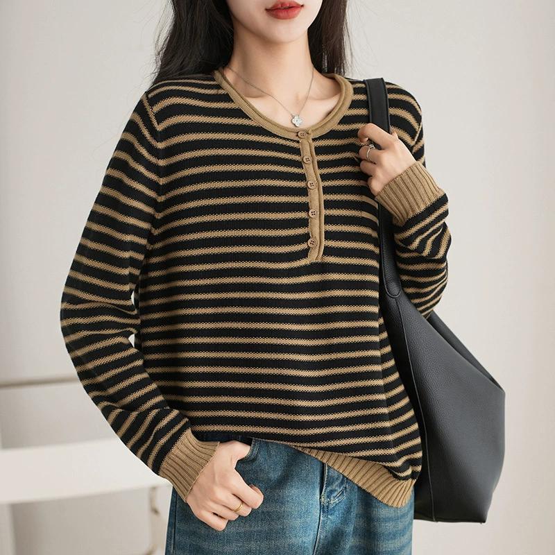 Women's Long Sleeve Striped Knit Sweater Loose Casual Round Neck Bottom Shirt
