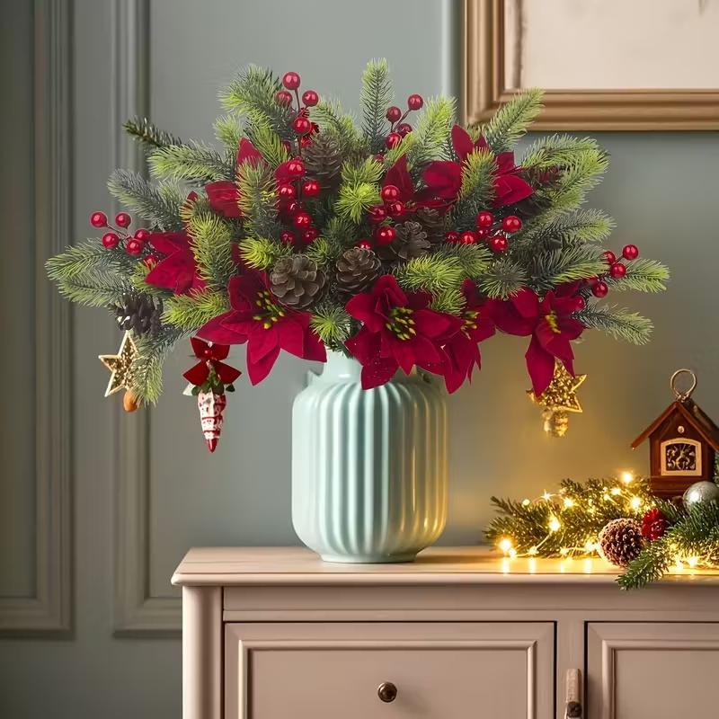 4pcs Artificial Christmas Pine Branches with Red Berries, Artificial Evergreen Branches, Classic Poinsettia Design, Perfect for Halloween, Christmas