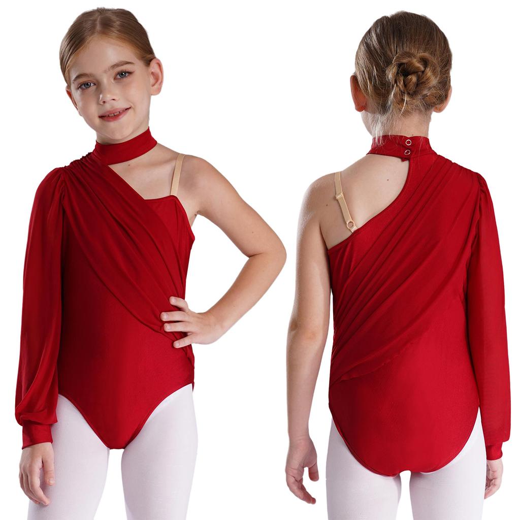 Kids Girls Ballet Jersey Dance Leotards Gymnastics Acrobatics Figure Skating Performance Costume Ruched Mesh Overlay Bodysuit