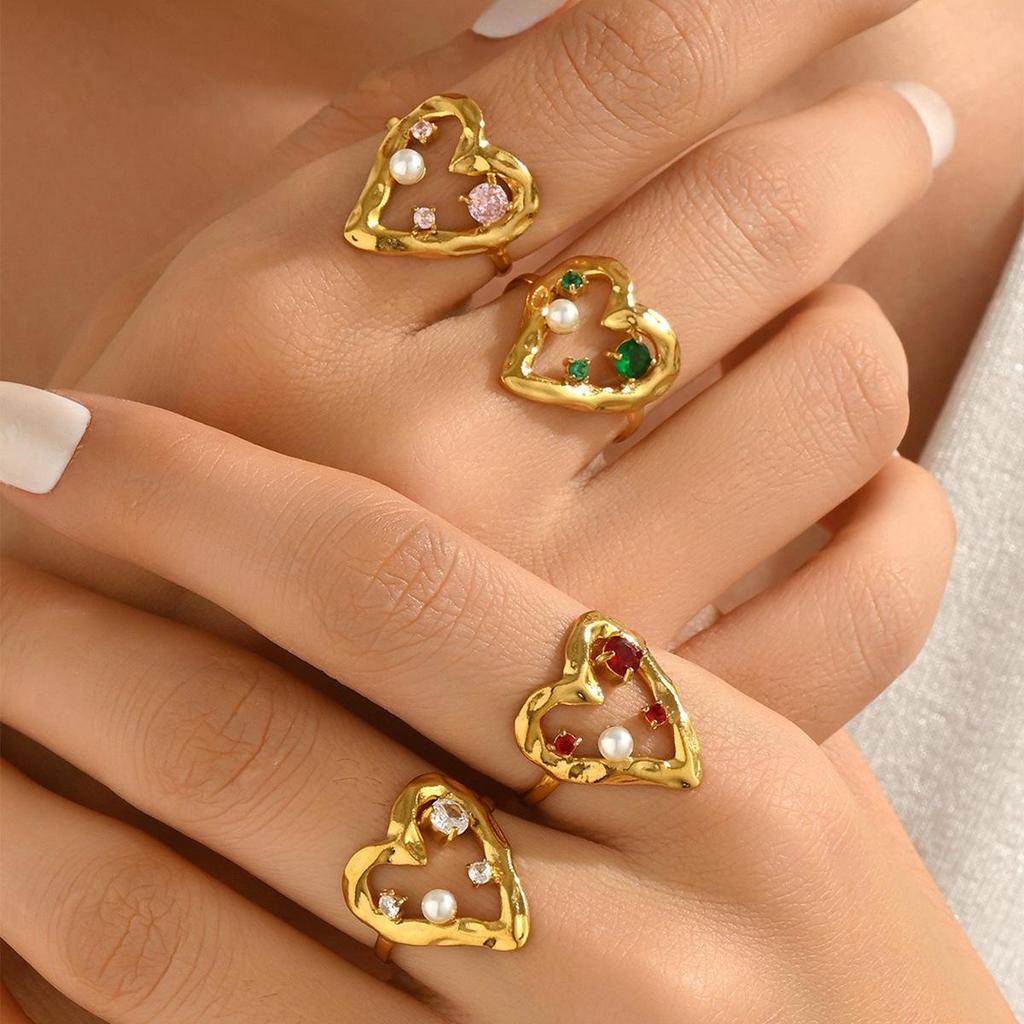 Fairy Sweet Heart Hollow Stainless Steel Adjustable Ring with Colorful Zircon