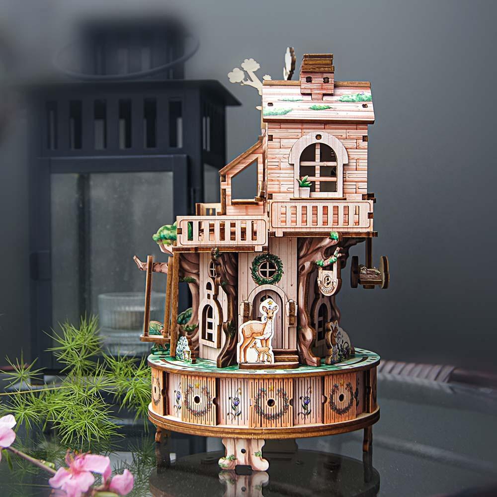 DIY 3D Wooden Puzzle Tree House Music Box Miniature Model Kits Assembly Jigsaw Puzzles for Friends Birthday Gifts