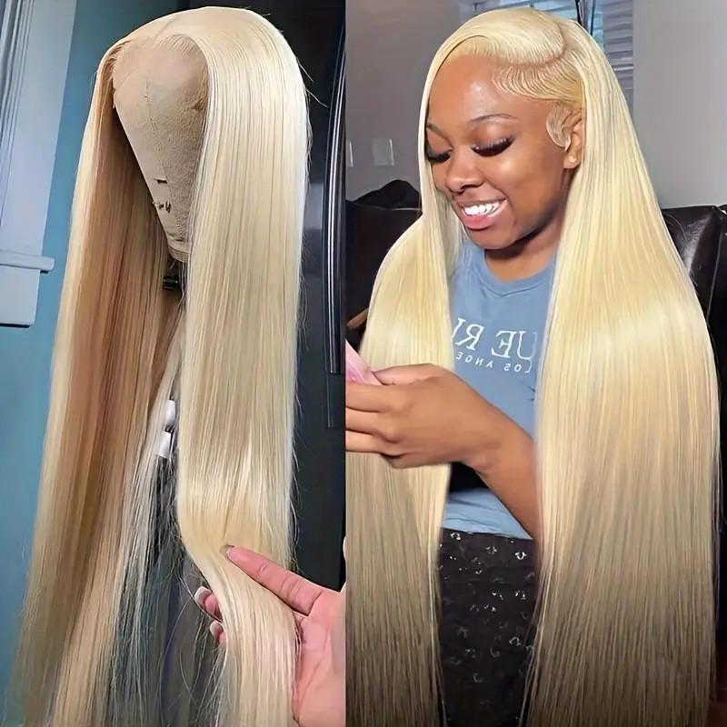Womens Long Straight Lace Front Wig In Light Golden Color Heat-Resistant Synthetic Hair Adjustable Bangs Natural Look