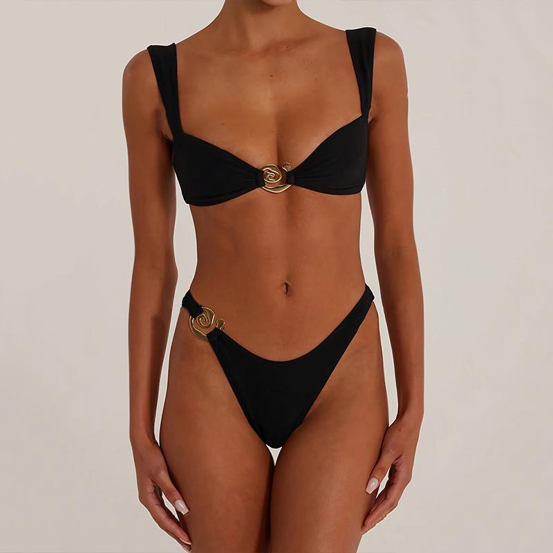 

2025 European & American Metal Buckle Sexy Women s Bikini Swimwear Medium чорний