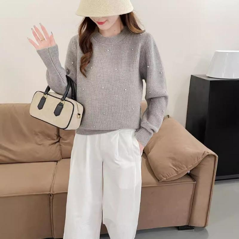 New Autumn and Winter Water Drop Sleeve Pearl Knitted Sweater Women's Soft Waxy Elastic Unbound Reiki Crew Neck Sweater Women's