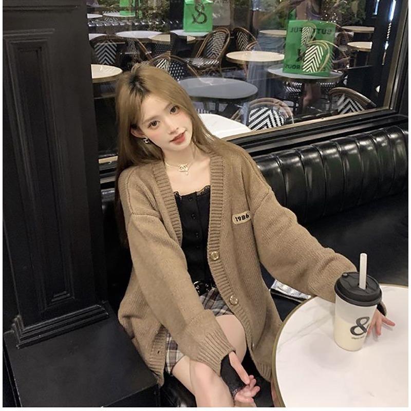 

Женский свитер-кардиган, женский осенне-зимний новый стиль чистого желания, нишевый вязаный свитер сладко-пряных тонов, верхнее пальто One Size хаки