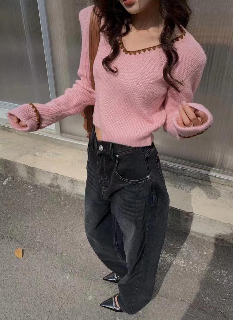 French Retro V-Neck Color Block Ribbed Knit Sweater for Women - Autumn Winter Trendy Slim Fit Pullover