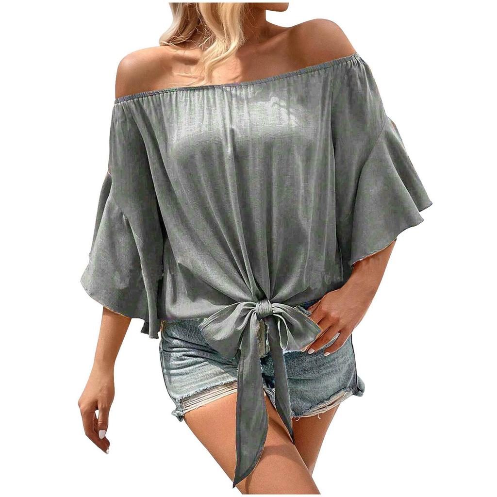 Women's Pleated Off The Shoulder Flowy Tops Sleeve Tie Knot Casual Vacation Blouse Ruched Shirts Plus Size