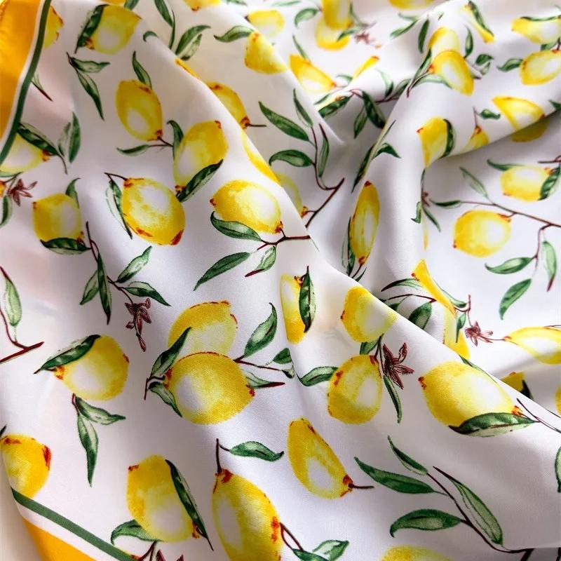 Yellow Lemon Print Silk Scarf 70x70cm Women Square Headban