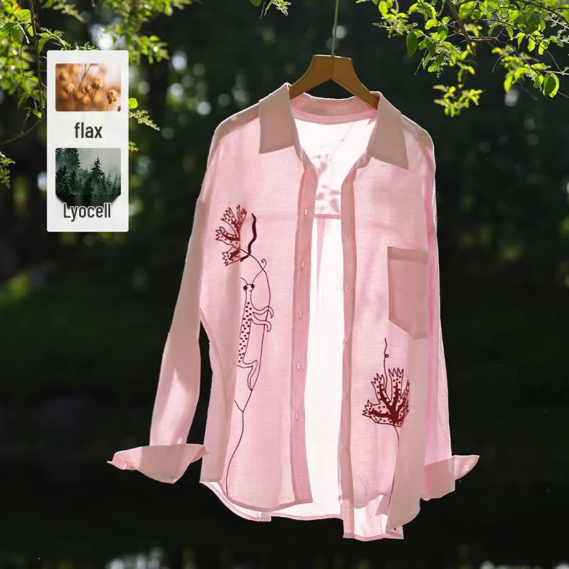 Wudao Embroidered Tencel Linen French Lapel Shirt XL
