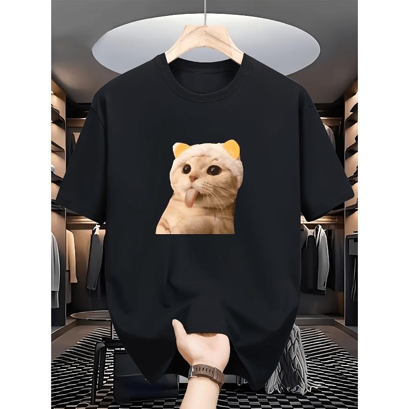 European sizes Adorable Cat Pattern, Print Men'S T-Shirt, Novelty Design T-Shirt for Men, Comfortable Casual T-Shirt for Summer