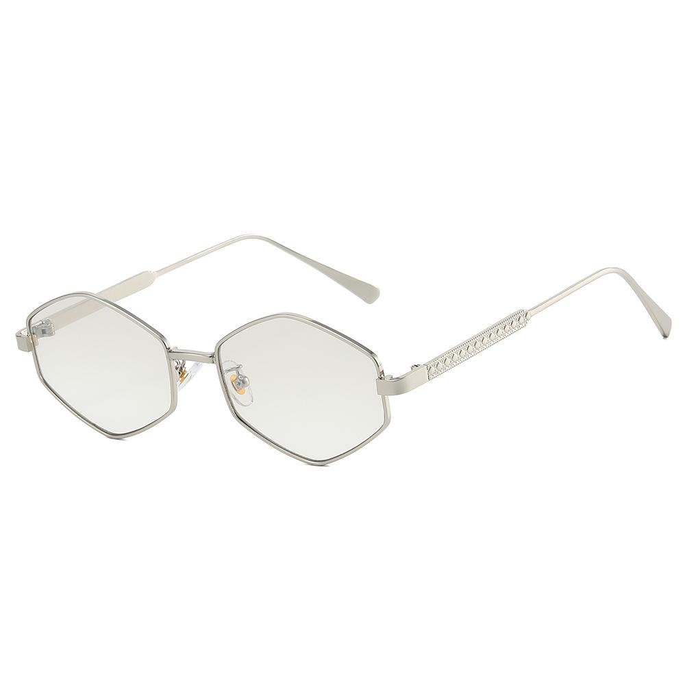 New polygonal metal sunglasses, European and American personalized water chestnut printing glasses legs PC fashion sunglasses