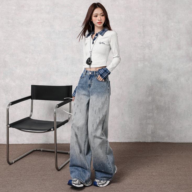 Autumn Gradient Retro Women's High Waist Wide-Leg Jeans - Hong Kong Style, Floor-Length Pants