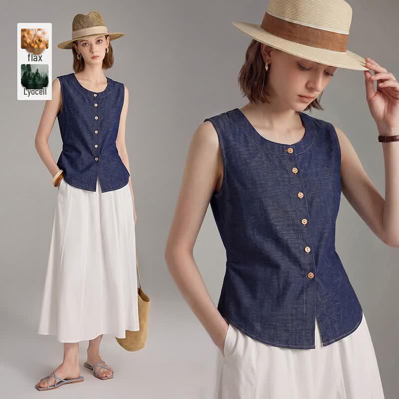 Women s Old Money Style Tencel Linen Denim Vest L