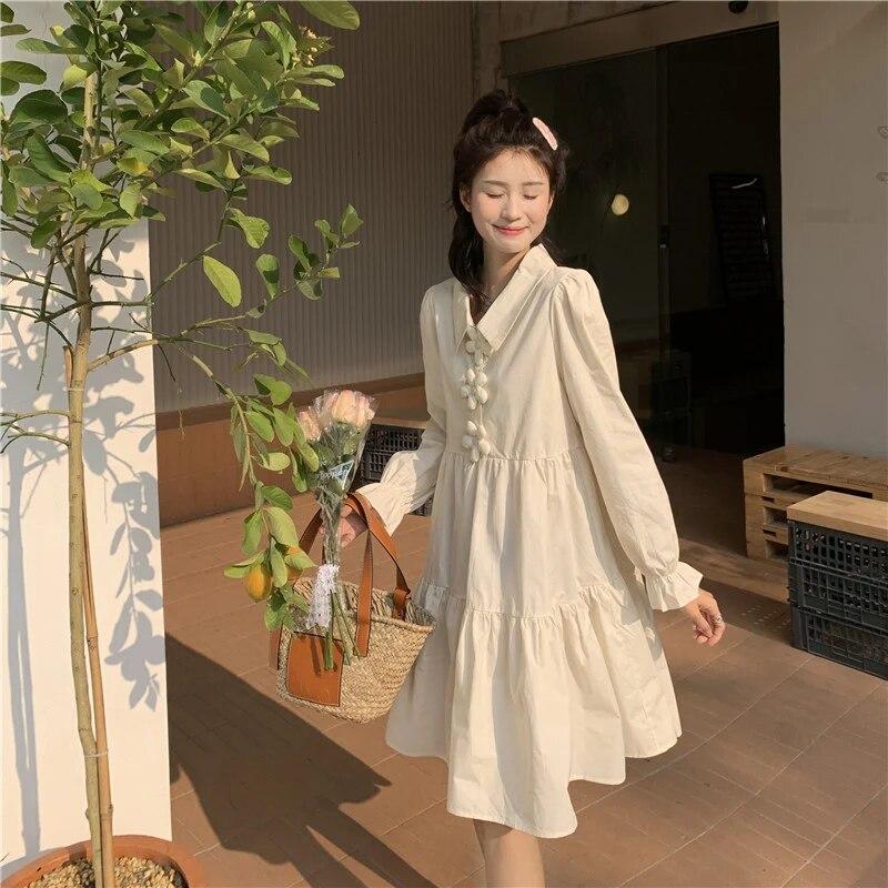 Dresses Women 3D Flower Y2k Autumn Hotsweet Korean Style Simple Long Sleeve High Street All-match Temperament Knee-length Daily