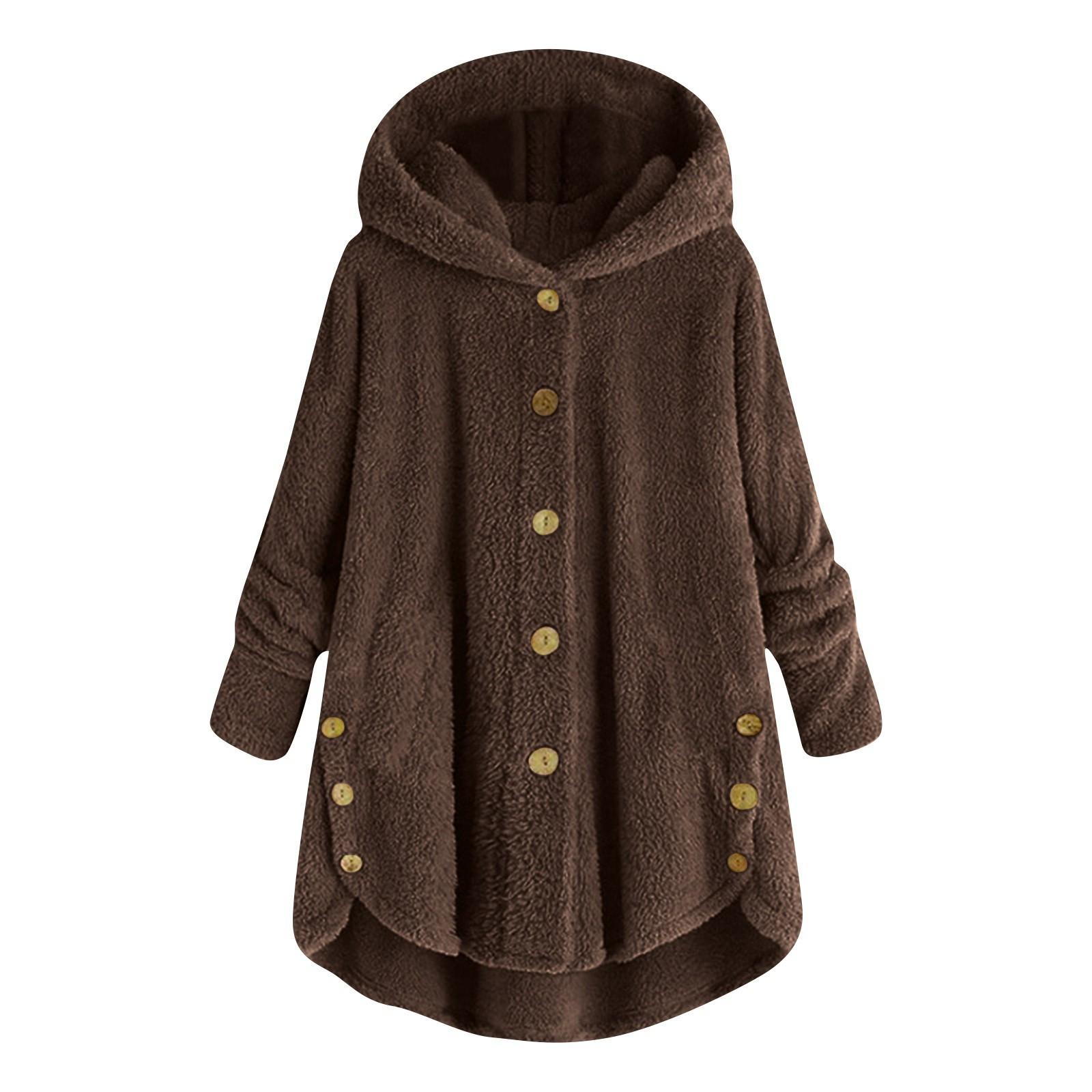 

Женские плюшевые топы с пуговицами больших размеров, свободный кардиган, шерстяное пальто с капюшоном, зимняя куртка L кофейный