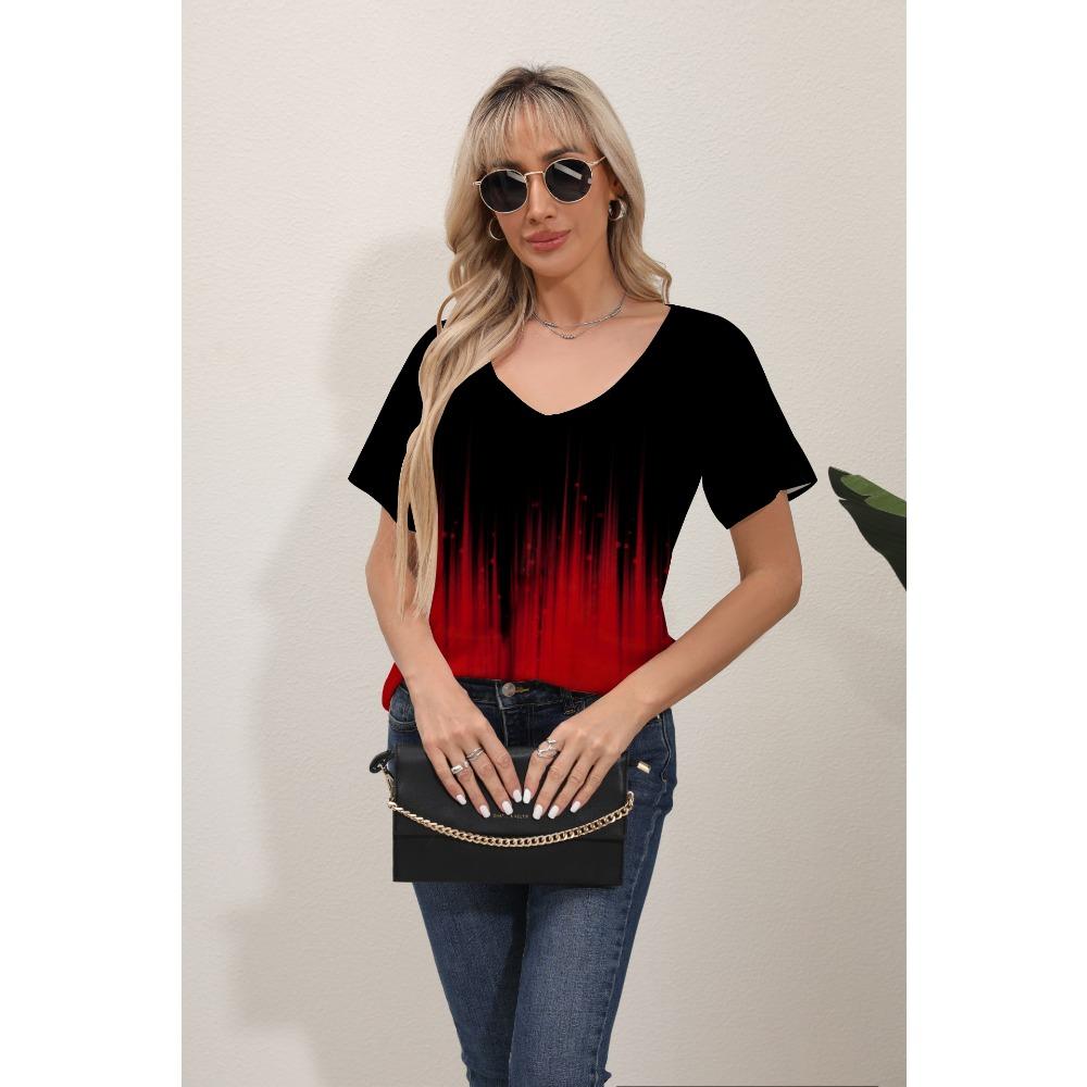 Women's T-shirts Summer Gradient Graphics Tops V Neck Fashion Female Vintage Clothing Floral Print