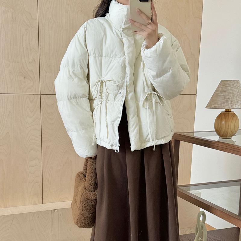 Sweet bow strap down jacket women's short 2024 new stand-up collar warm white duck down bread jacket trendy