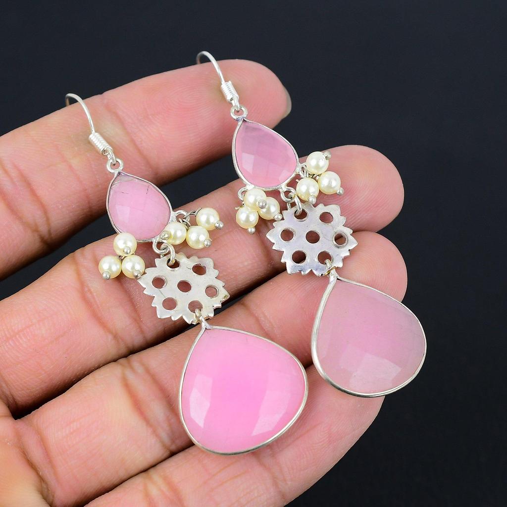 Sisters Day Sale Pink Chalcedony Stone 925 Sterling Silver Drop Earrings Jewelry