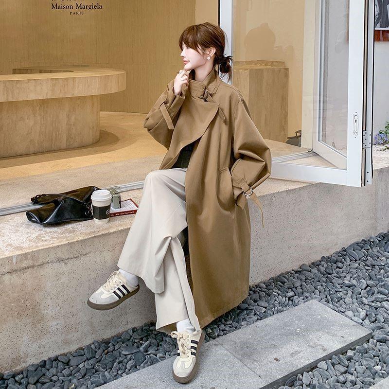 Giacca a vento con colletto alla coreana da donna, nuovo design autunnale, sciolta, casual, di media lunghezza, sopra il ginocchio