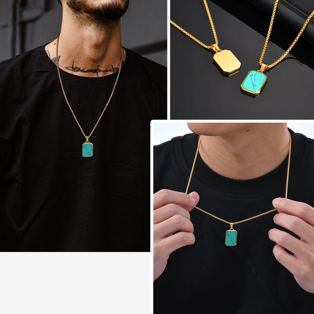 Stainless Steel Rectangle Natural Stone Pendant Necklaces, Minimalist Dainty Chain Necklace, Luxury Fashion Jewelry For Men Gift