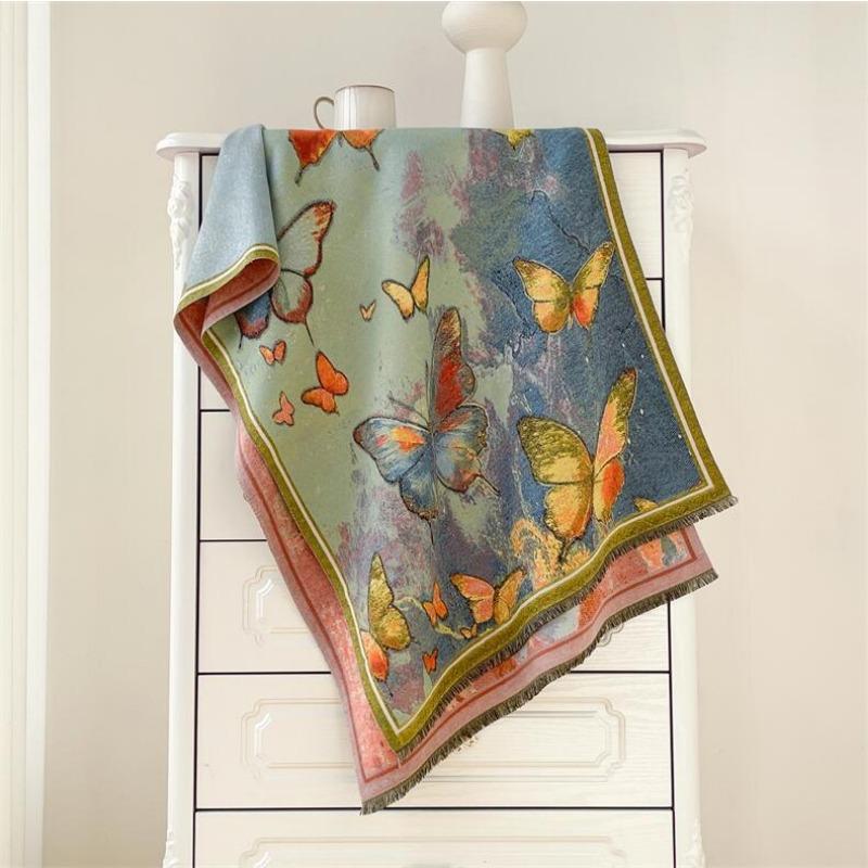 Winter oil painting style scarf women's plate four shuttle imitation cashmere shawl thickened warm fringed scarf