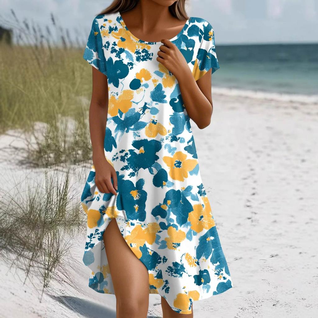 Women's Summer Short Sleeve Round Neck Floral Print Bohemian Dress With Pockets