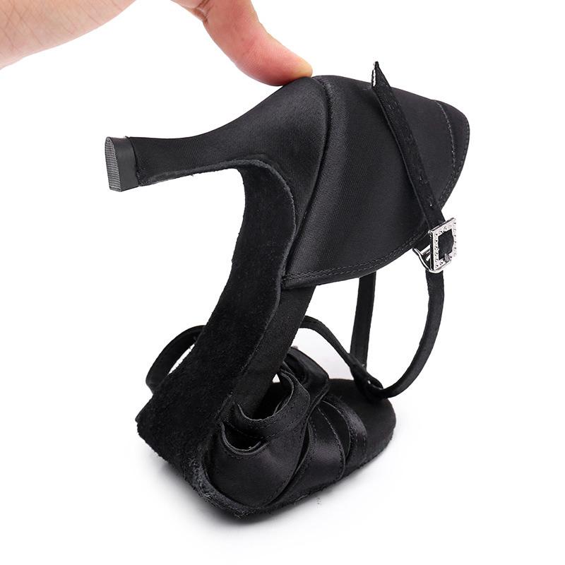 Women Latin Dance Shoes T-straps Silk Satin Modern Ballroom Dancing Shoes Heeled 7CM
