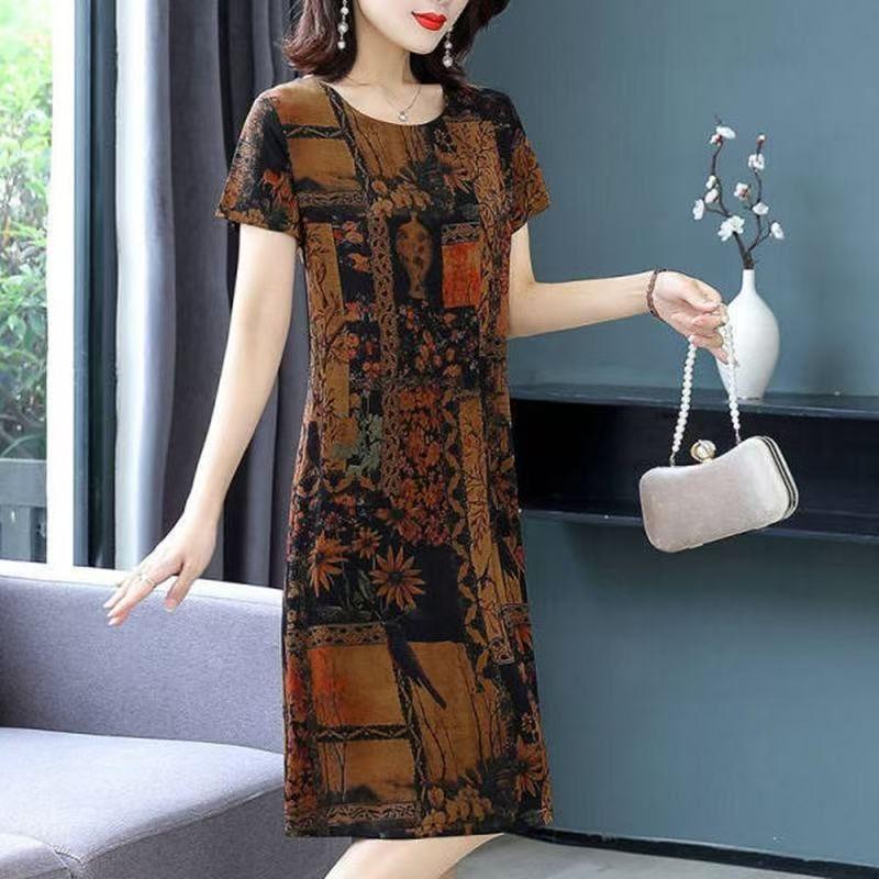 Summer new ice silk printing dress medium and long short-sleeved loose mulberry silk mother dress