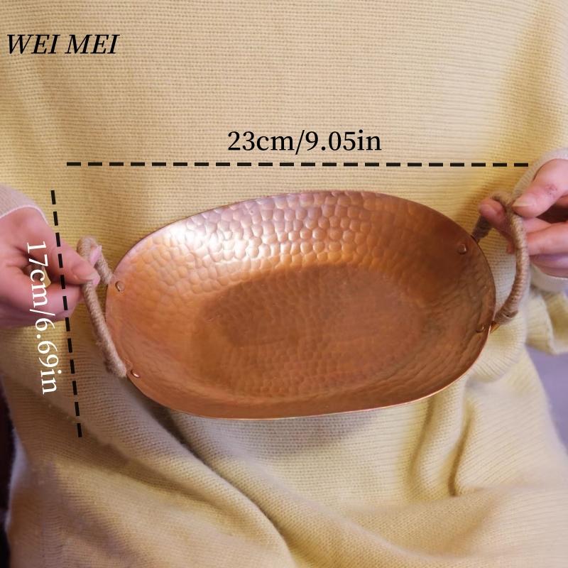 Vintage Copper Fruit Plate,Handcrafted Hammer Texture Woven Handheld Ellipse Shape Bread Tray,Home Food Plate 17 cm,Tableware