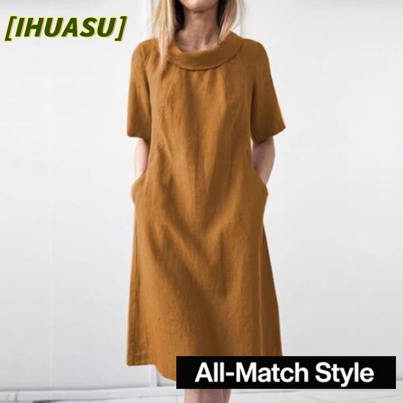 IHUASU Fashion Summer Spring Solid Color Print Short Sleeve O-Neck Casual Dresses