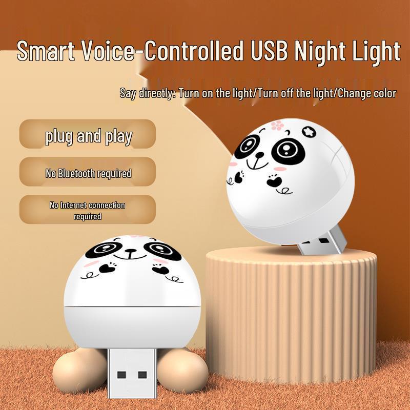 Panda Voice-Controlled Cartoon Night Light - Portable, Intelligent, and Creative Round Design.
