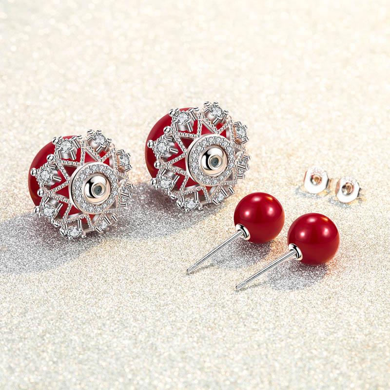 Girl Jewelry S925 Silver Earring Christmas Gift Red Ball Openwork Lace Stud Earring For Women Wedding Gift Lady Fashion Zircon