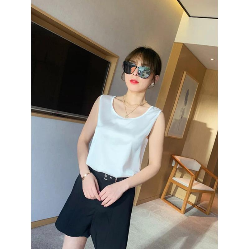 Fashion Silk Thin Short Sleeve Tees Slip Woman Summer Clothes Elegant Tops Solid Loose Casual
