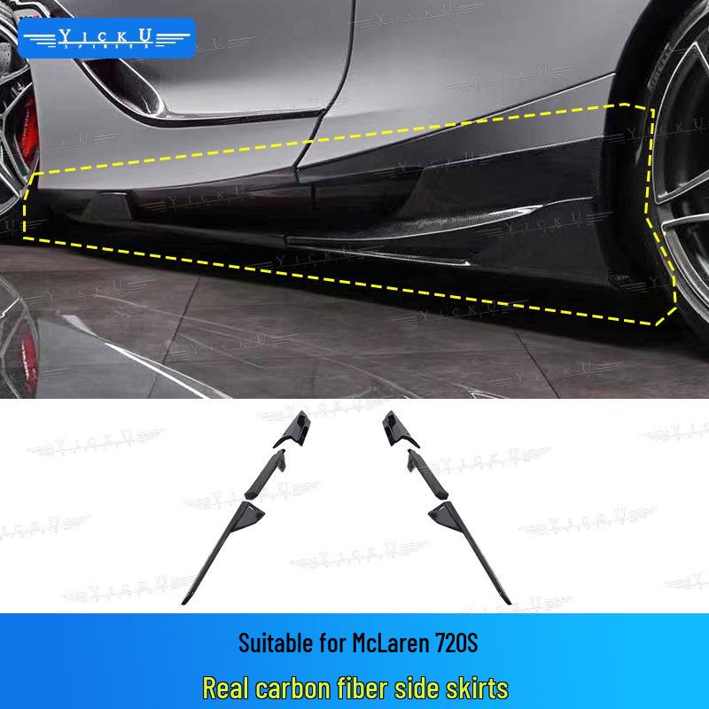 Compatible with McLaren 720S: BS Black Sail Carbon Fiber Front/Rear Lips, Side Skirts, Rear Wing, Fender, and Door Trim Strips.