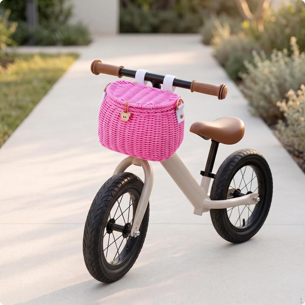 Detachable Front Bike Basket with Lid Multipurpose, Woven Lid, for Balance Bikes Brown