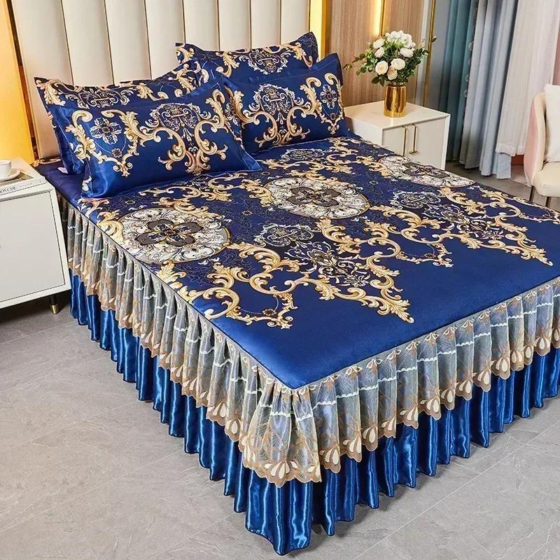 Korean Version Lace Solid Color Bed Skirt Three Piece Set, Skin Friendly Double-layer Bed Cover Non Slip Bed Cover Falda De Cama