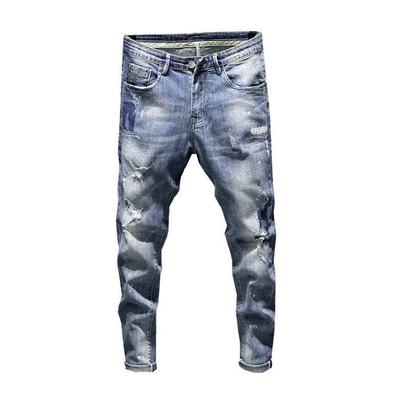 Trendy Spring/Summer Light Shadow Printing Broken Beggar Denim Pants High End Men's God Jeans Men