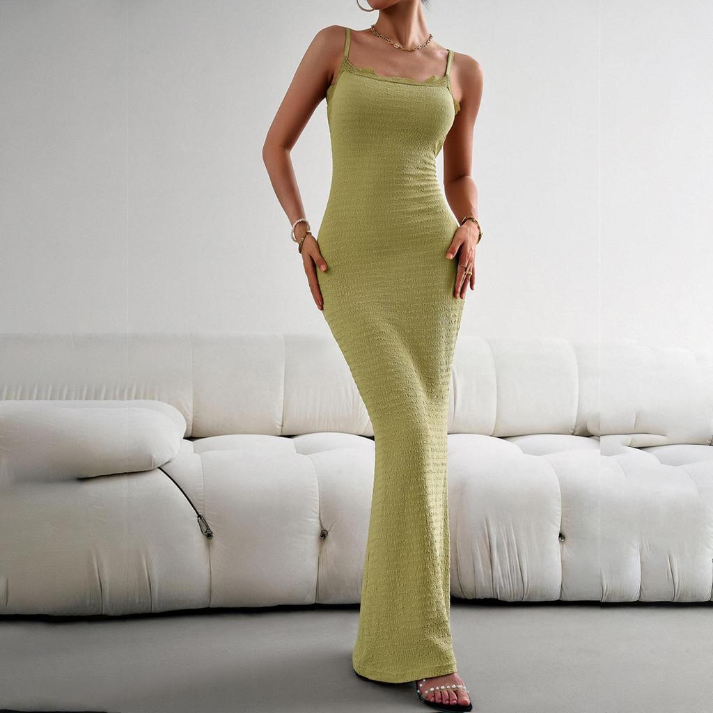 Damen Herbst Neckholder ärmellos einfarbig Sexy Fit Slim Strap Langes Kleid