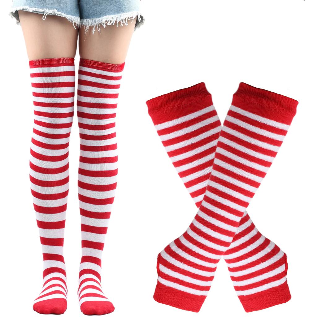 Lange über dem Knie Socken Damen Fäustlinge Armstulpen Handschuhe Set Gestreifte Oberschenkelhohe Strümpfe Damen Mädchen Rosa Schwarz Weiß Lolita