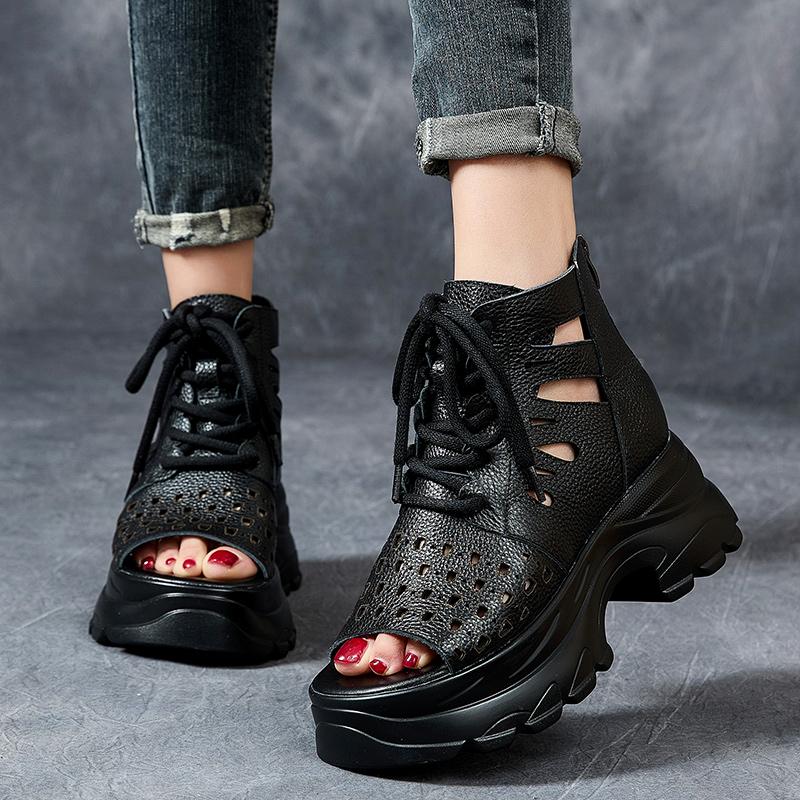 Fashion GKTINOO Women Sandals 2025 Summer Platform Thick High Heel Sandals GLADIATOR Genuine Leather Back Zipper Open Toe Cool Boots