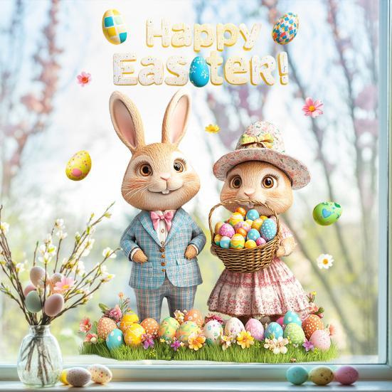 Påskfönsterdekal Söt Kanin Vildblommor Ägg Fjäril Klistermärke Återanvändbar Dubbelsidig Statisk Fönsterklistermärken för Glasdörrar Väggar Barnrum Vår