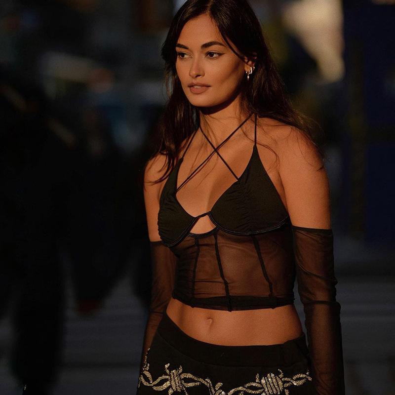 Harajuku léto mimo ramena dutá síťovaná trička pro ženy Top dámské tričko dámské tričko sexy topy s dlouhým rukávem tričko