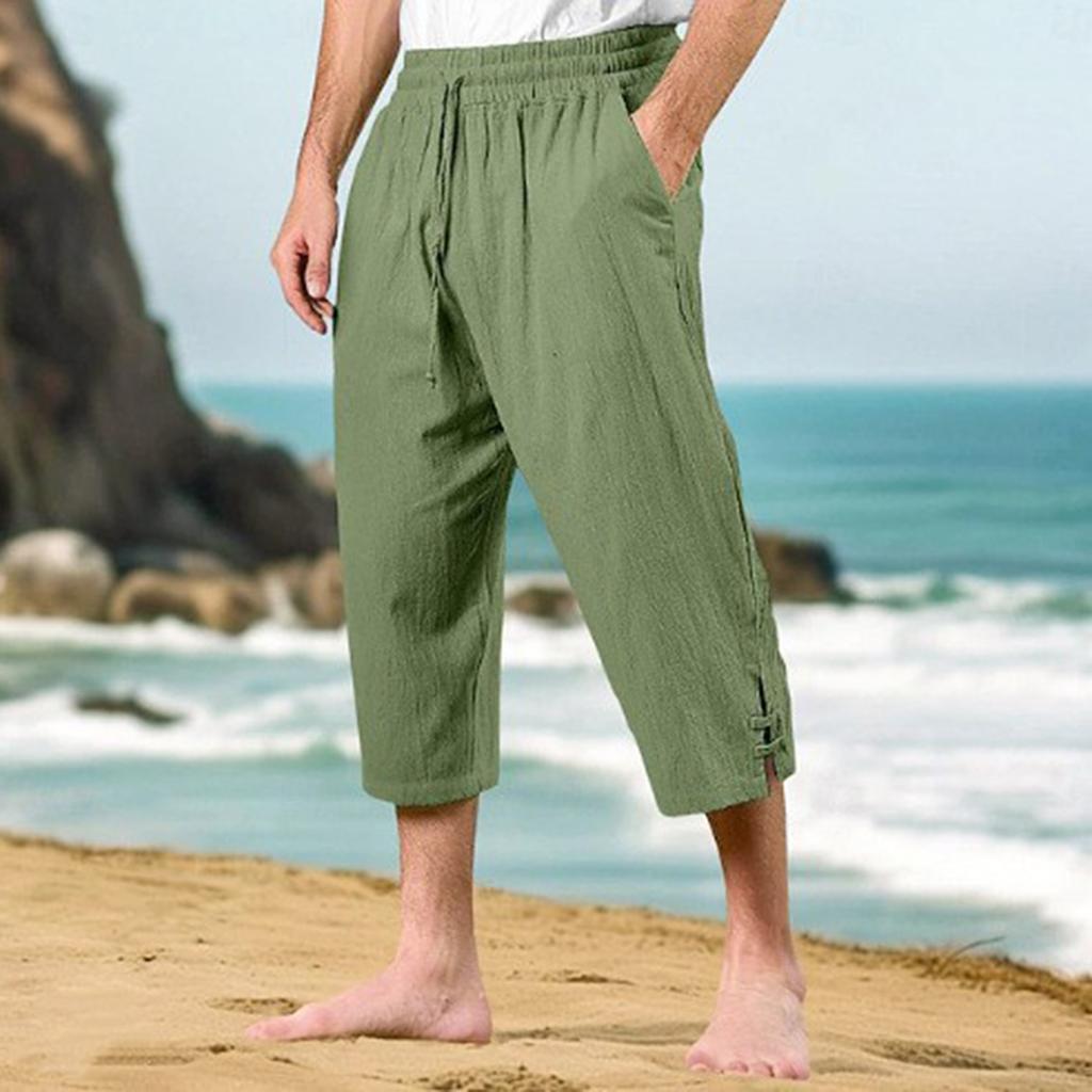 Pánské bavlněné a lněné kalhoty, letní kalhoty, plážové kalhoty, elastický pas se stahovací šňůrkou