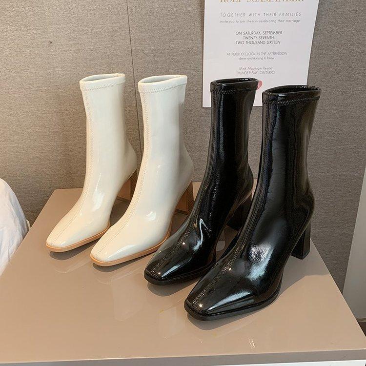 Fashion Women Patent Leather White Ankle Boots Women Autumn Fashion Slip On High Heels Boot Woman Pointed Toe Thick Heeled Short Booties