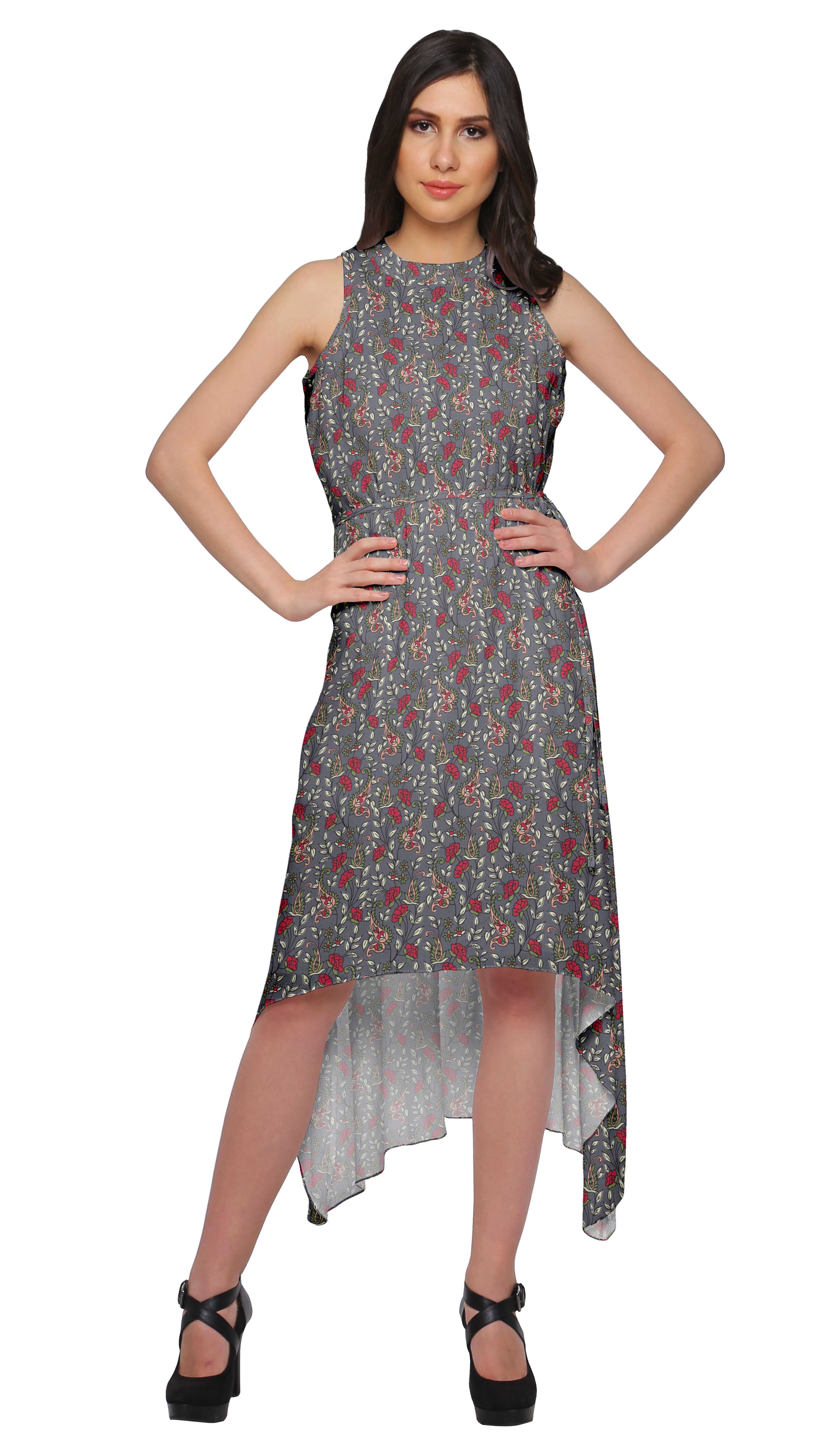 

Moomaya Printed High-Low Style Sleeveless Dress For Women With Halter Neck XS сірий колір